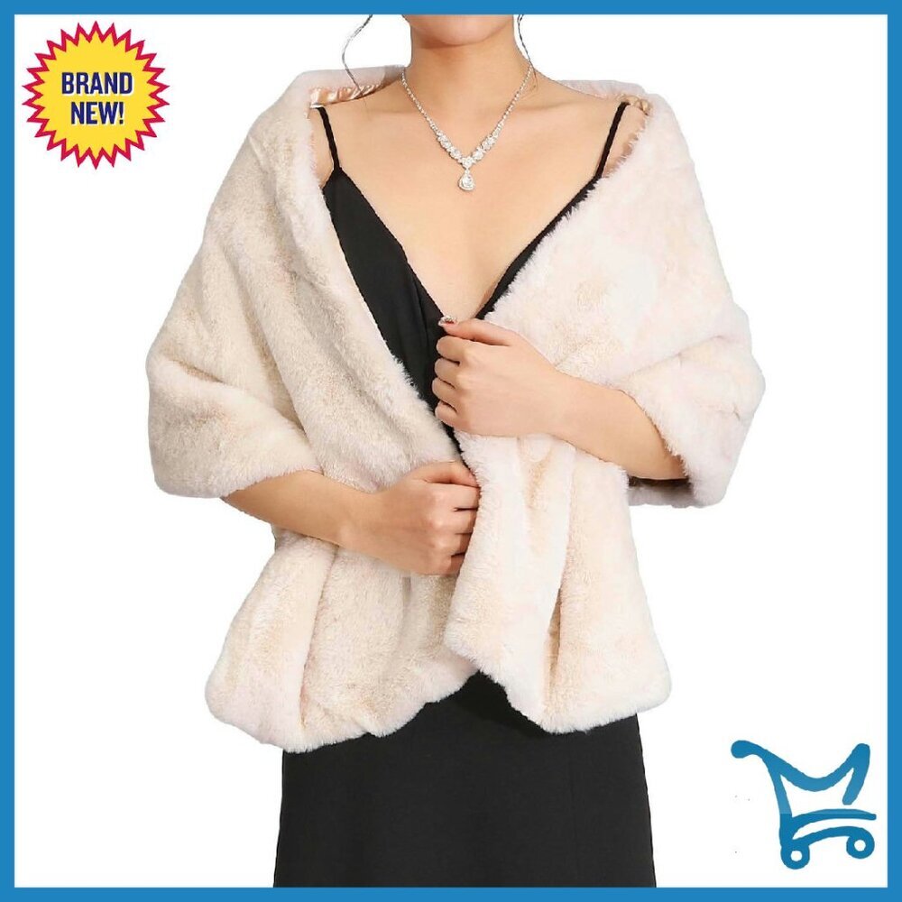 Faux Fur Shawl With Rhinestone Brooch - Wedding Bridal Wrap Stole